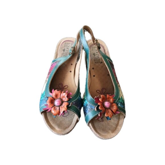 L'Artiste‎ By Spring Step Womens 9 leather Heels Multicolor Floral Slingback - Picture 2 of 7